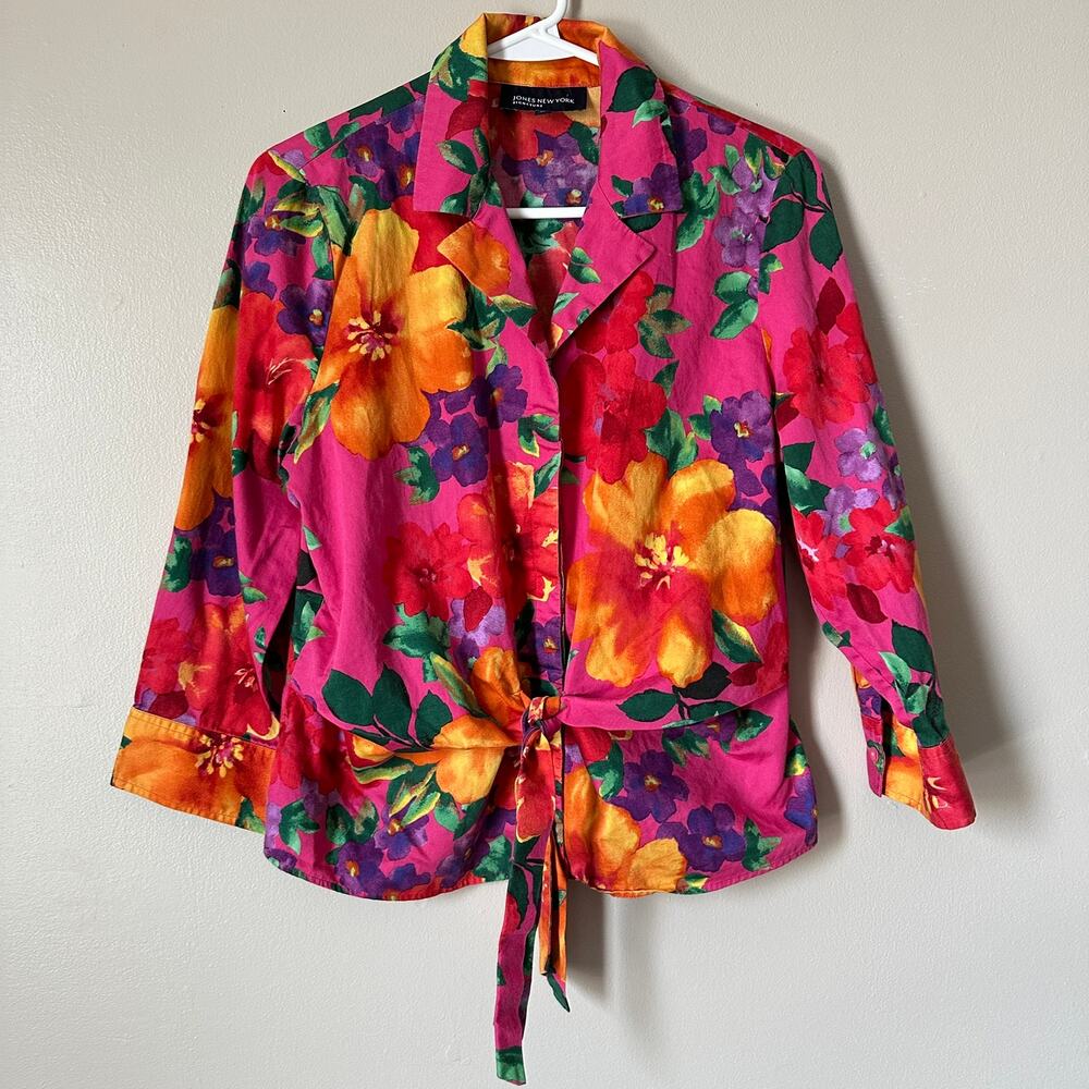 Jones New York Signature Floral Tie Front Blouse Womens M Tropical Resort Pink